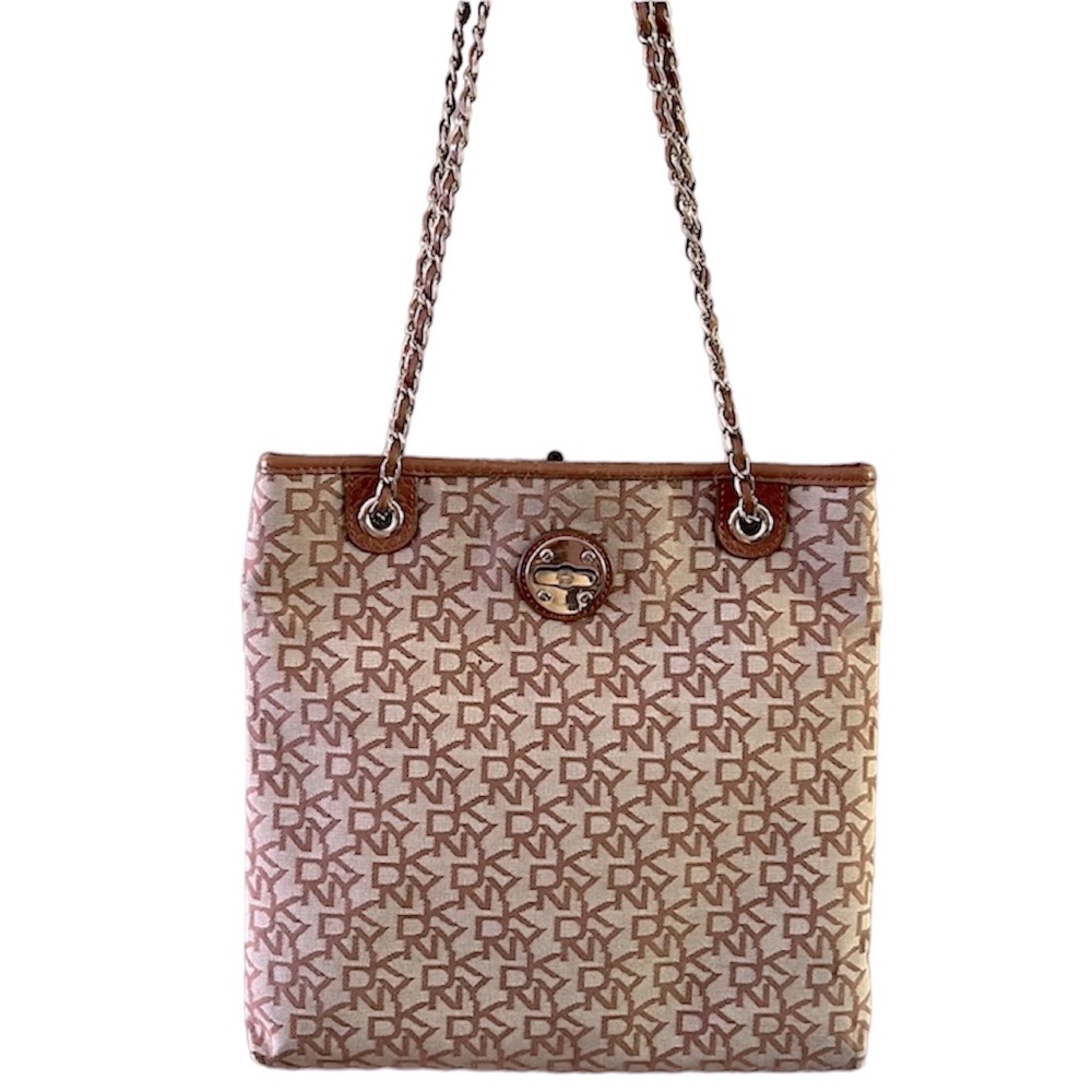 DKNY brown monogram crossbody handbag chain and leather straps